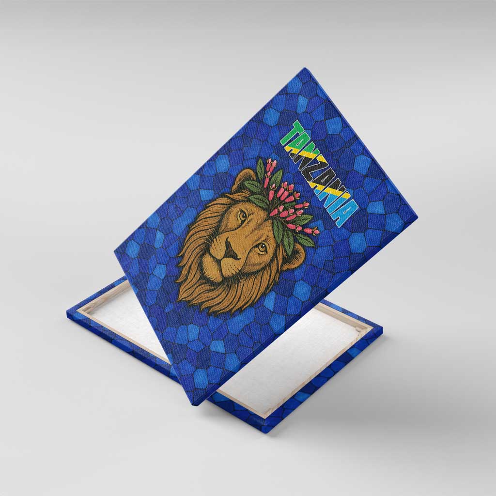 Tanzania Simba Lion Canvas Wall Art - Floral Crown and Blue Mosaic Design