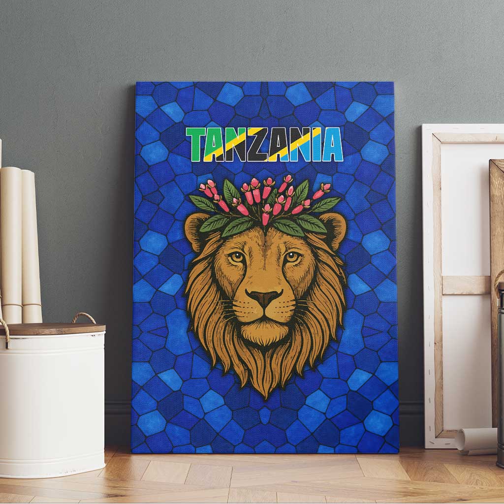 Tanzania Simba Lion Canvas Wall Art - Floral Crown and Blue Mosaic Design