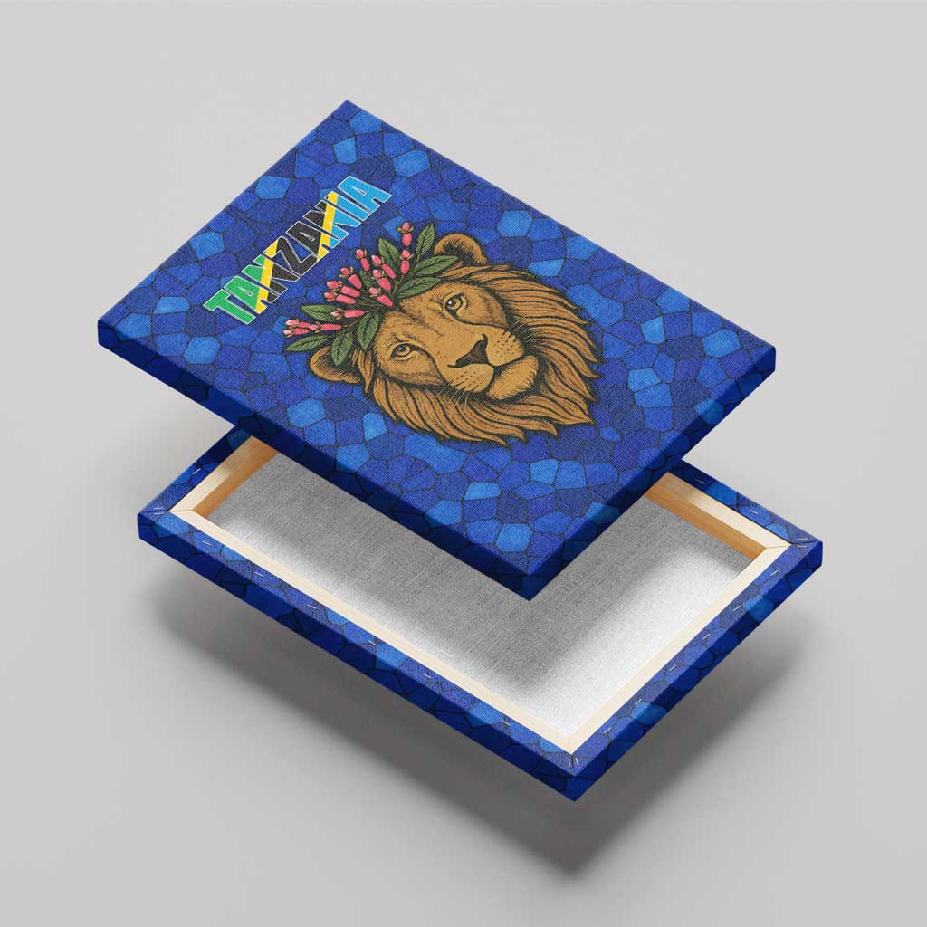 Tanzania Simba Lion Canvas Wall Art - Floral Crown and Blue Mosaic Design