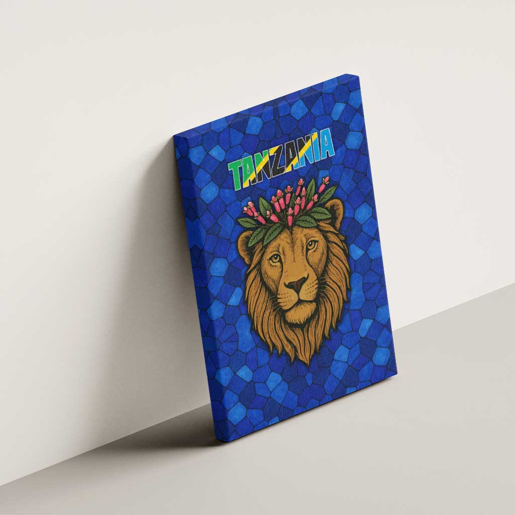Tanzania Simba Lion Canvas Wall Art - Floral Crown and Blue Mosaic Design