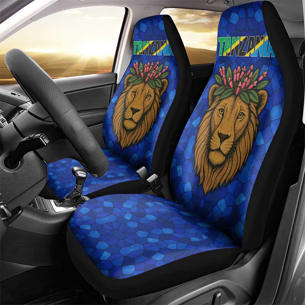 Tanzania Simba Lion Car Seat Cover - Floral Crown and Blue Mosaic Design