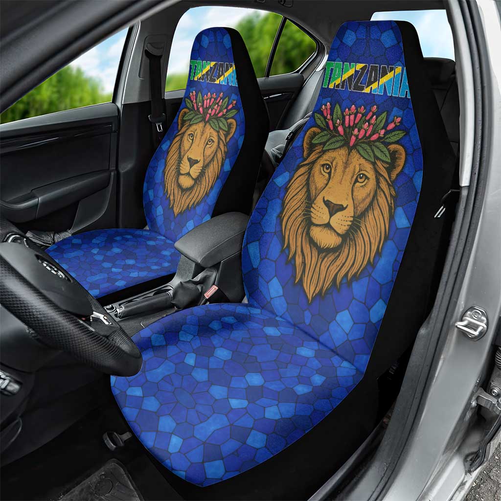 Tanzania Simba Lion Car Seat Cover - Floral Crown and Blue Mosaic Design