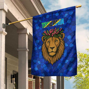 Tanzania Simba Lion Garden Flag - Floral Crown and Blue Mosaic Design