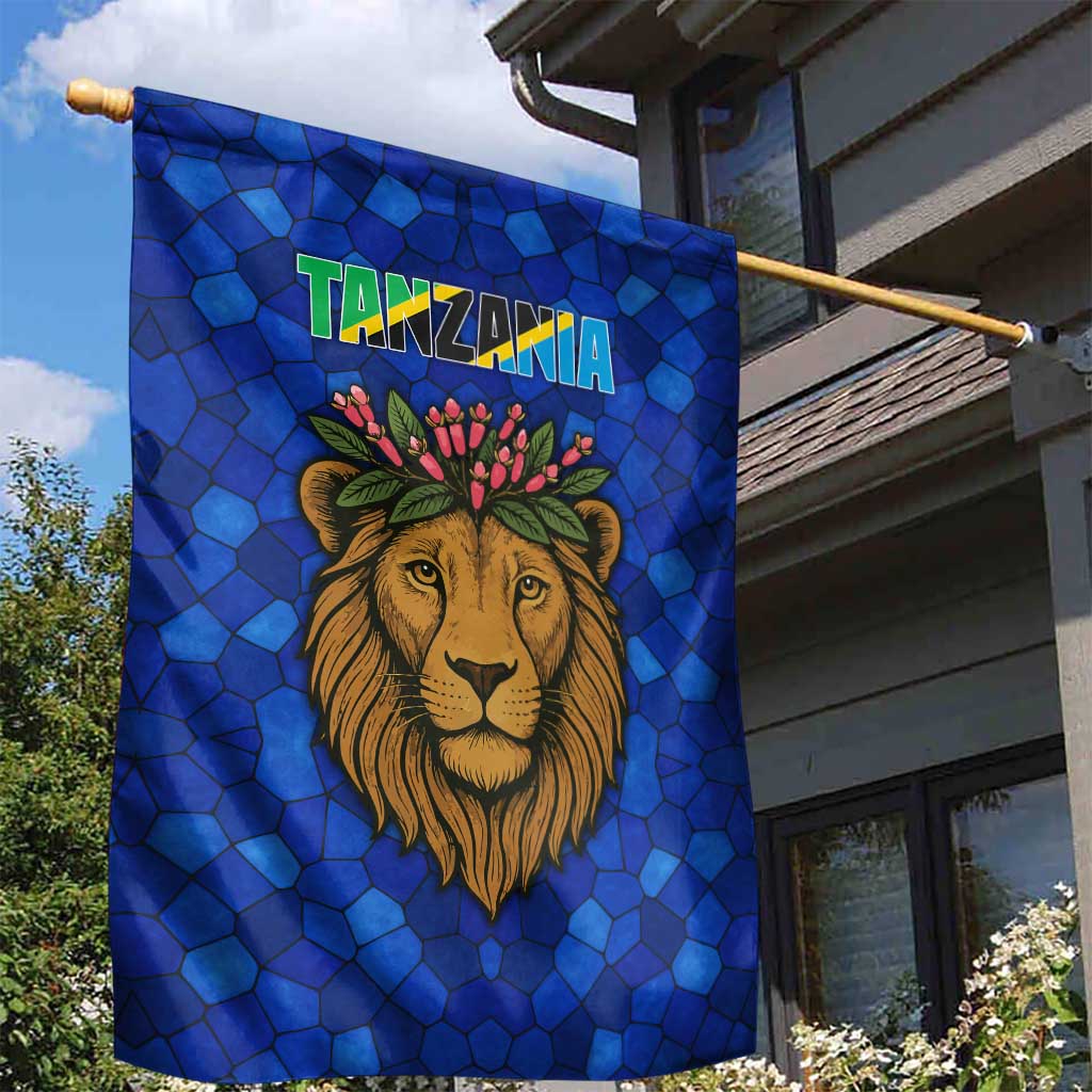 Tanzania Simba Lion Garden Flag - Floral Crown and Blue Mosaic Design