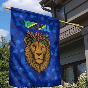 Tanzania Simba Lion Garden Flag - Floral Crown and Blue Mosaic Design