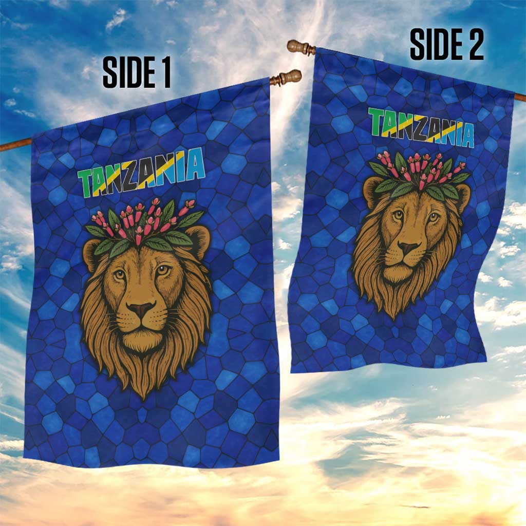 Tanzania Simba Lion Garden Flag - Floral Crown and Blue Mosaic Design