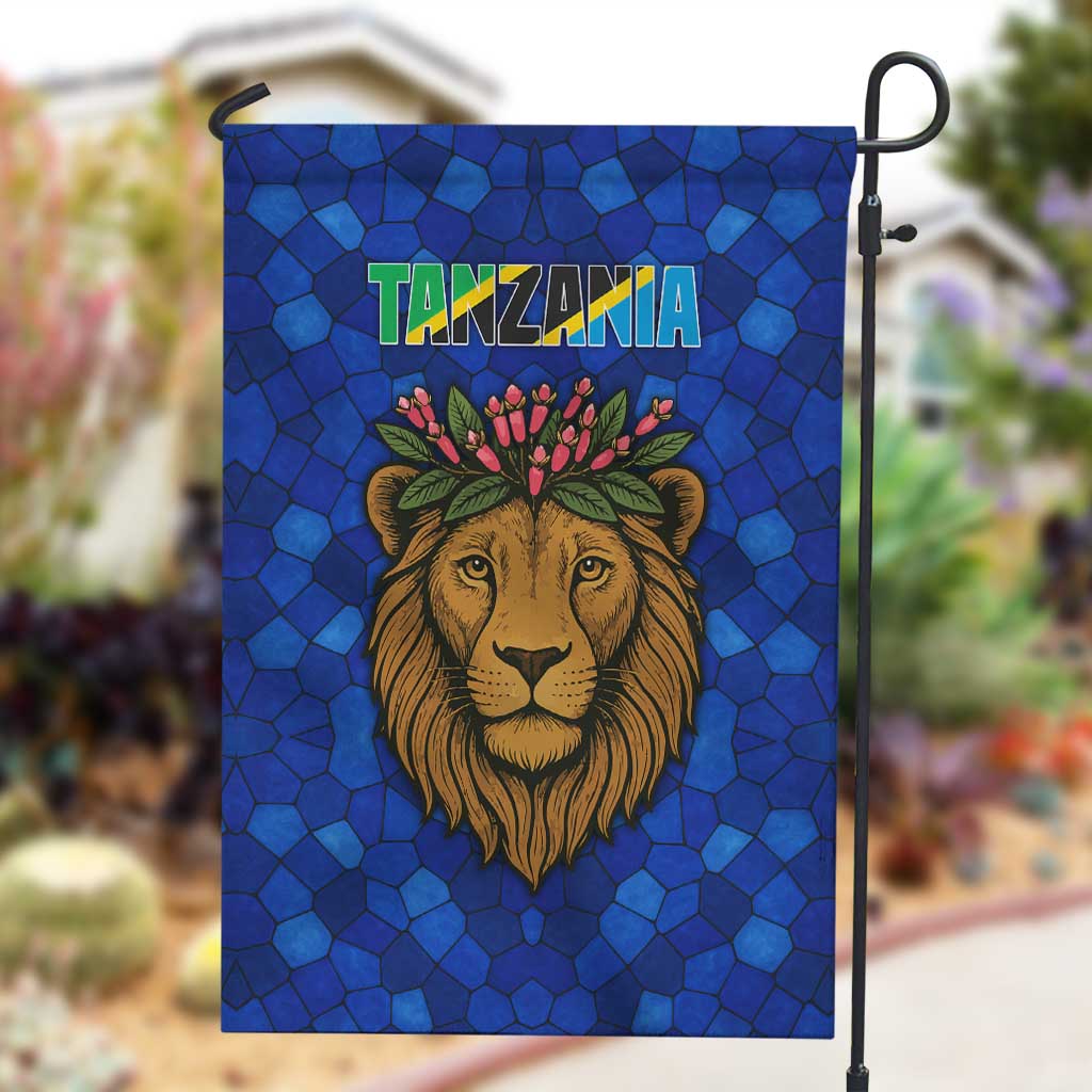 Tanzania Simba Lion Garden Flag - Floral Crown and Blue Mosaic Design