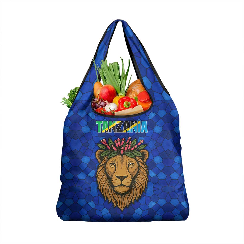 Tanzania Simba Lion Grocery Bag - Floral Crown and Blue Mosaic Design