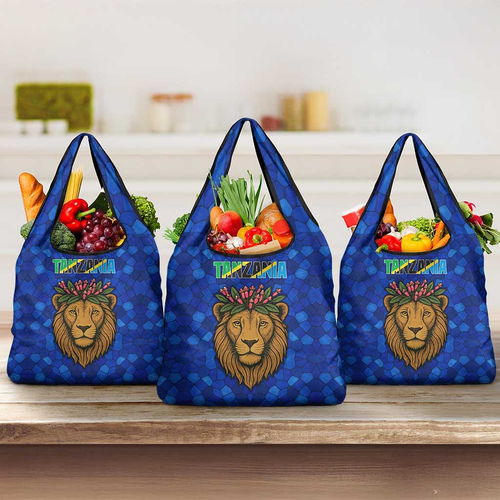Tanzania Simba Lion Grocery Bag - Floral Crown and Blue Mosaic Design