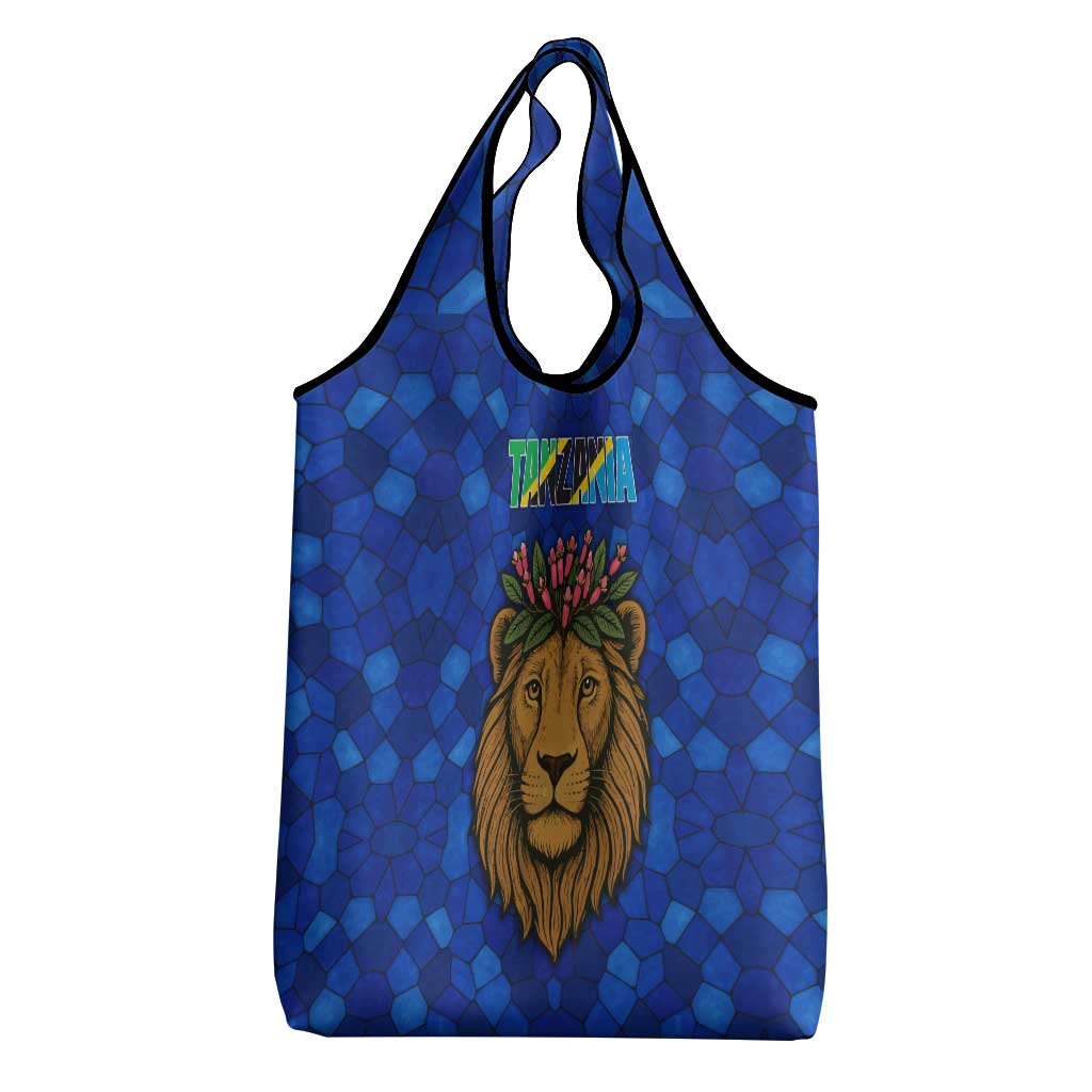 Tanzania Simba Lion Grocery Bag - Floral Crown and Blue Mosaic Design