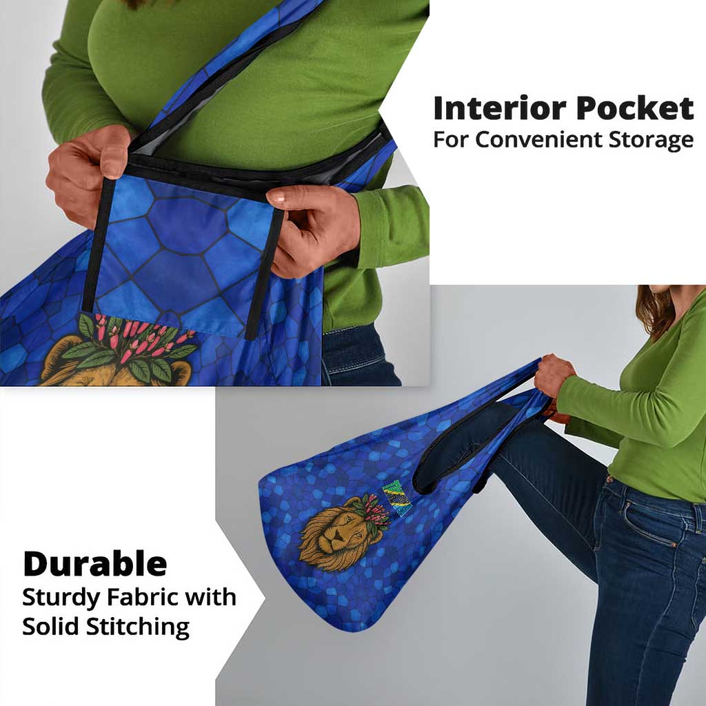 Tanzania Simba Lion Grocery Bag - Floral Crown and Blue Mosaic Design