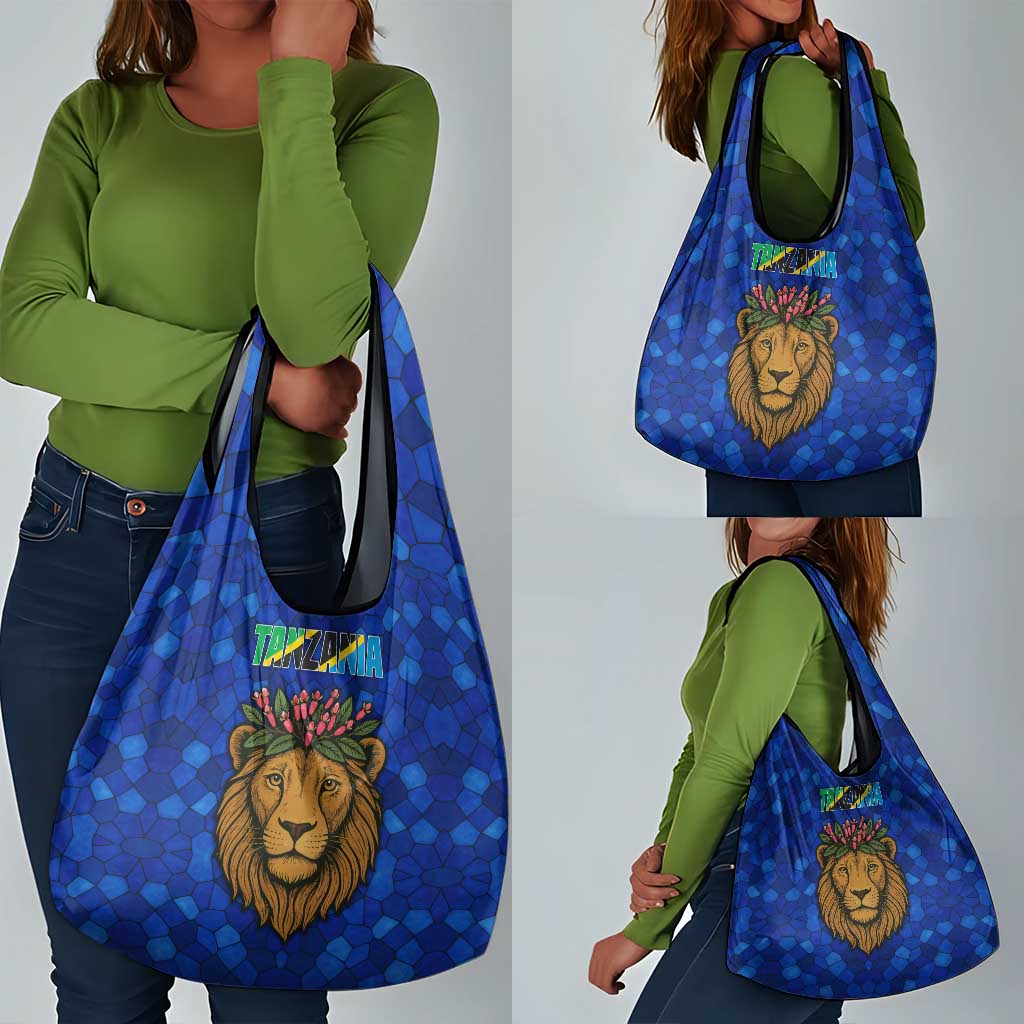 Tanzania Simba Lion Grocery Bag - Floral Crown and Blue Mosaic Design