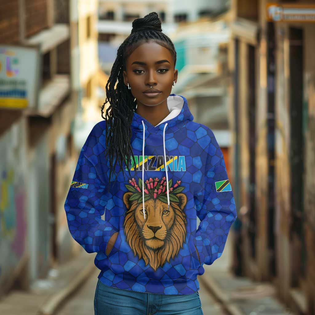 Tanzania Simba Lion Hoodie - Floral Crown and Blue Mosaic Design