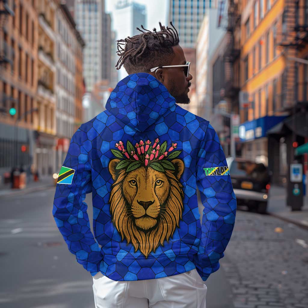 Tanzania Simba Lion Hoodie - Floral Crown and Blue Mosaic Design
