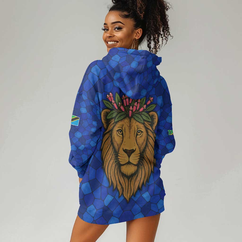 Tanzania Simba Lion Hoodie Dress - Floral Crown and Blue Mosaic Design