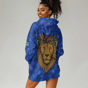 Tanzania Simba Lion Hoodie Dress - Floral Crown and Blue Mosaic Design