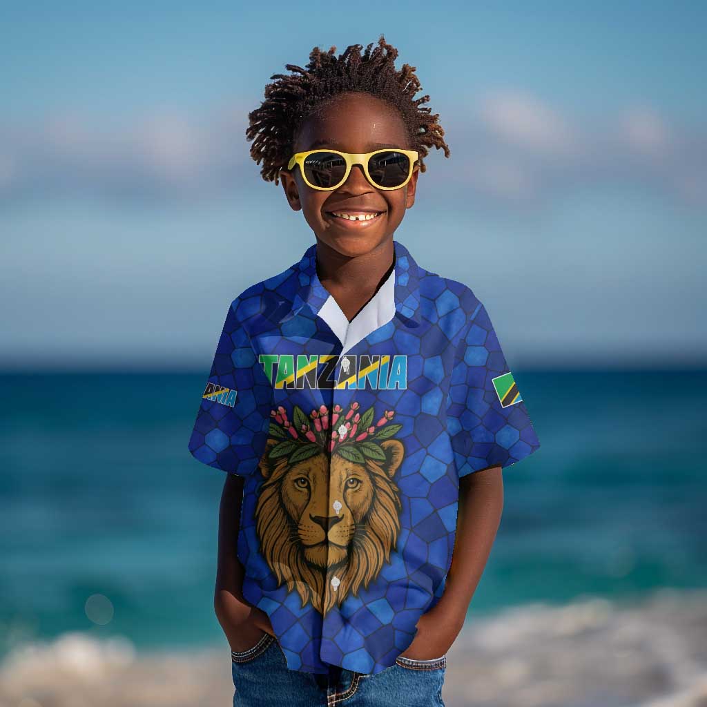 Tanzania Simba Lion Kid Hawaiian Shirt - Floral Crown and Blue Mosaic Design