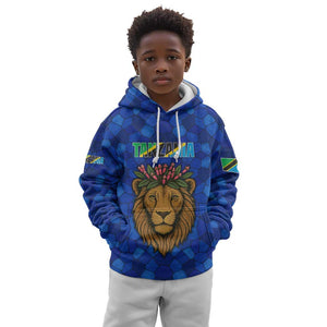 Tanzania Simba Lion Kid Hoodie - Floral Crown and Blue Mosaic Design