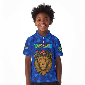 Tanzania Simba Lion Kid Polo Shirt - Floral Crown and Blue Mosaic Design