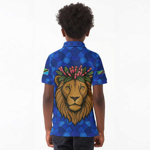 Tanzania Simba Lion Kid Polo Shirt - Floral Crown and Blue Mosaic Design