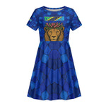 Tanzania Simba Lion Kid Short Sleeve Dress - Floral Crown and Blue Mosaic Design