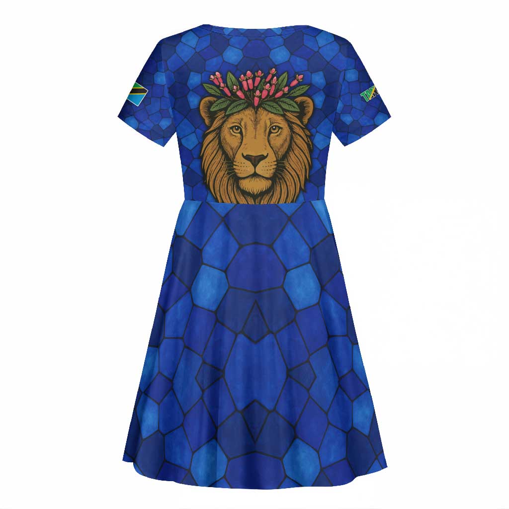 Tanzania Simba Lion Kid Short Sleeve Dress - Floral Crown and Blue Mosaic Design