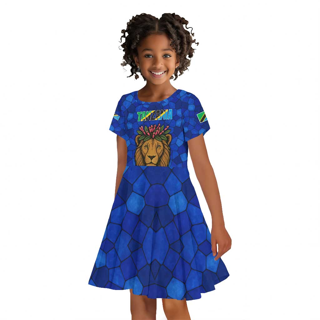 Tanzania Simba Lion Kid Short Sleeve Dress - Floral Crown and Blue Mosaic Design