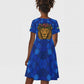 Tanzania Simba Lion Kid Short Sleeve Dress - Floral Crown and Blue Mosaic Design