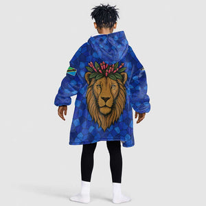 Tanzania Simba Lion Kid Wearable Blanket Hoodie - Floral Crown and Blue Mosaic Design