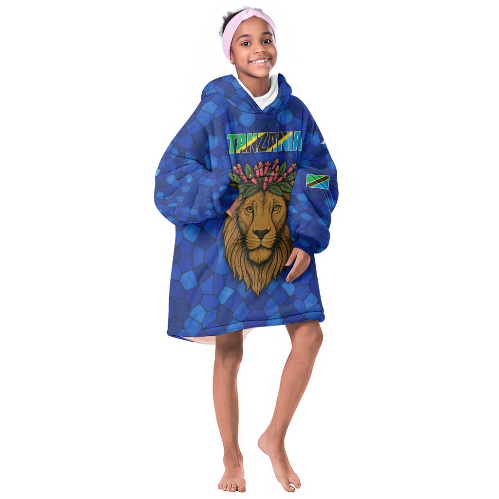 Tanzania Simba Lion Kid Wearable Blanket Hoodie - Floral Crown and Blue Mosaic Design