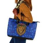 Tanzania Simba Lion Leather Tote Bag - Floral Crown and Blue Mosaic Design