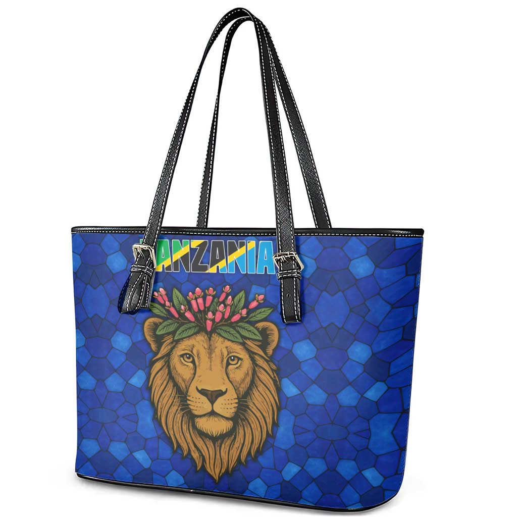 Tanzania Simba Lion Leather Tote Bag - Floral Crown and Blue Mosaic Design