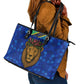 Tanzania Simba Lion Leather Tote Bag - Floral Crown and Blue Mosaic Design