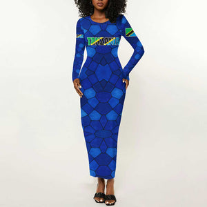 Tanzania Simba Lion Long Sleeve Bodycon Dress - Floral Crown and Blue Mosaic Design