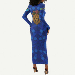 Tanzania Simba Lion Long Sleeve Bodycon Dress - Floral Crown and Blue Mosaic Design