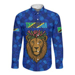 Tanzania Simba Lion Long Sleeve Button Shirt - Floral Crown and Blue Mosaic Design