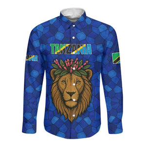 Tanzania Simba Lion Long Sleeve Button Shirt - Floral Crown and Blue Mosaic Design