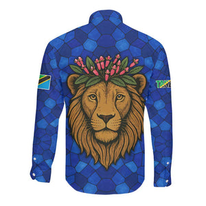 Tanzania Simba Lion Long Sleeve Button Shirt - Floral Crown and Blue Mosaic Design