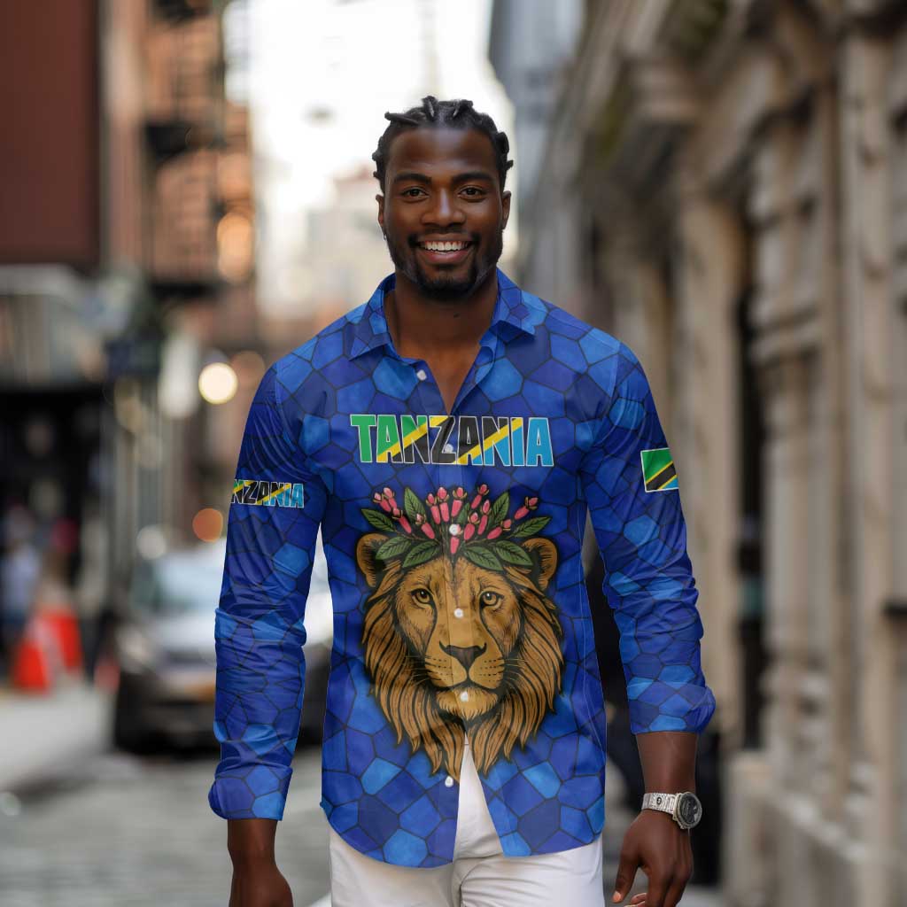 Tanzania Simba Lion Long Sleeve Button Shirt - Floral Crown and Blue Mosaic Design