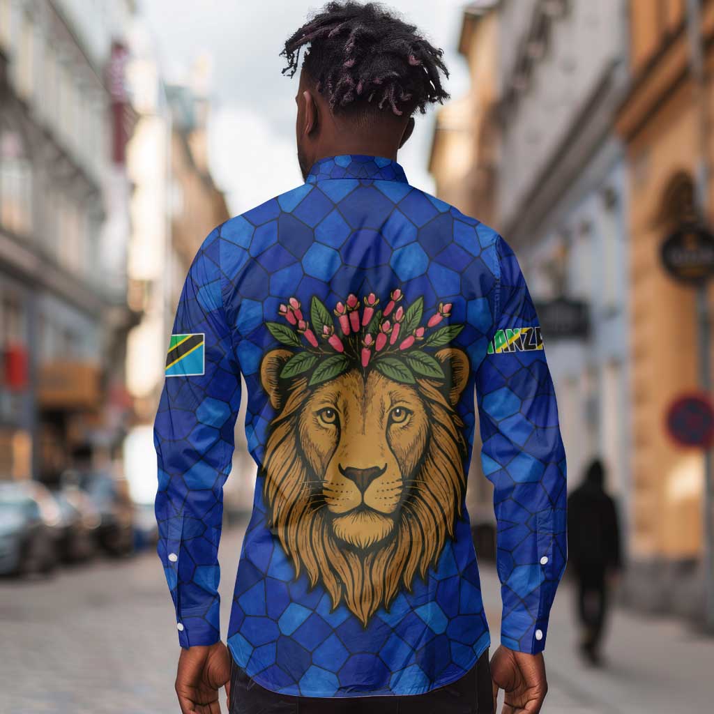Tanzania Simba Lion Long Sleeve Button Shirt - Floral Crown and Blue Mosaic Design