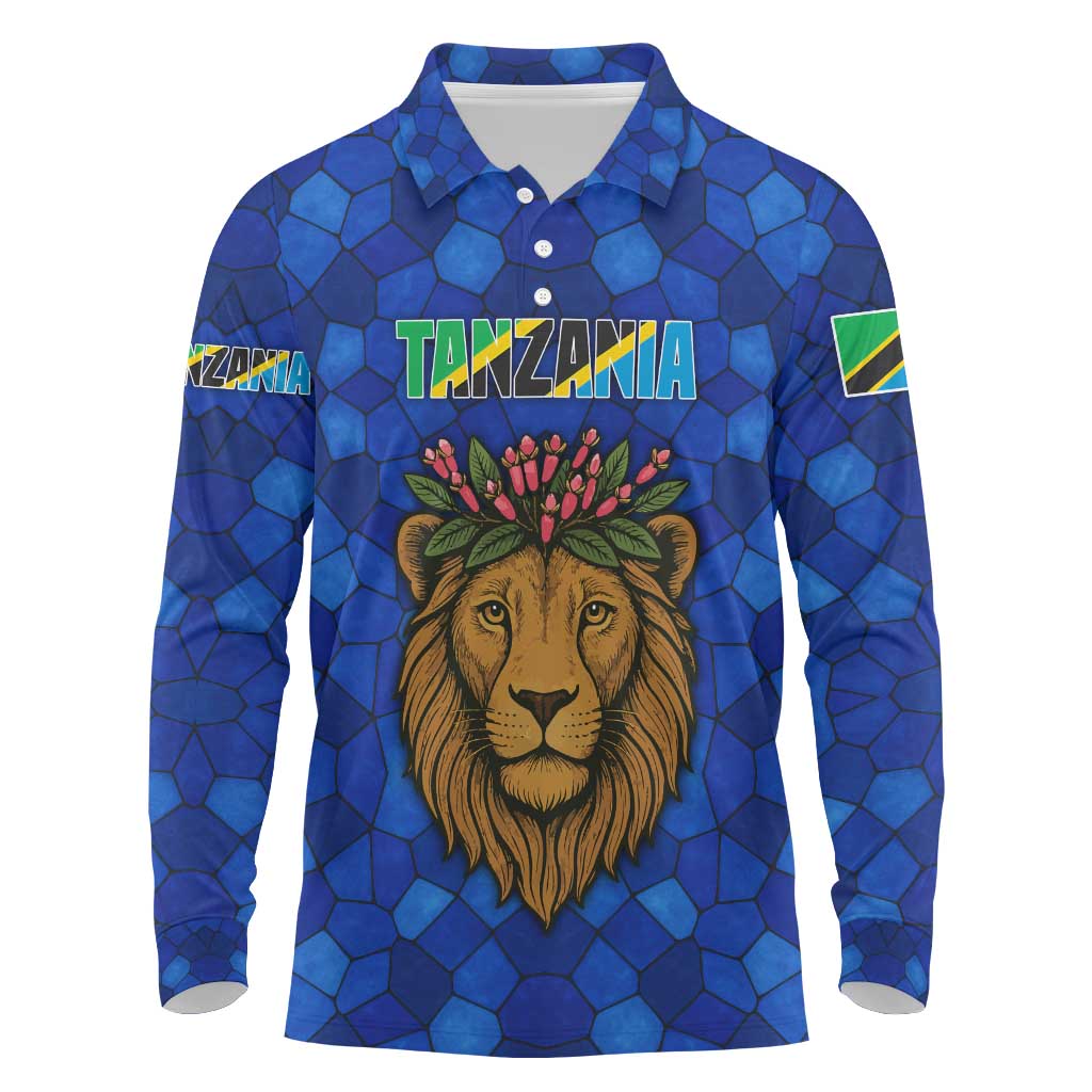 Tanzania Simba Lion Long Sleeve Polo Shirt - Floral Crown and Blue Mosaic Design