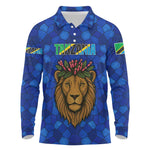 Tanzania Simba Lion Long Sleeve Polo Shirt - Floral Crown and Blue Mosaic Design