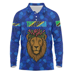 Tanzania Simba Lion Long Sleeve Polo Shirt - Floral Crown and Blue Mosaic Design