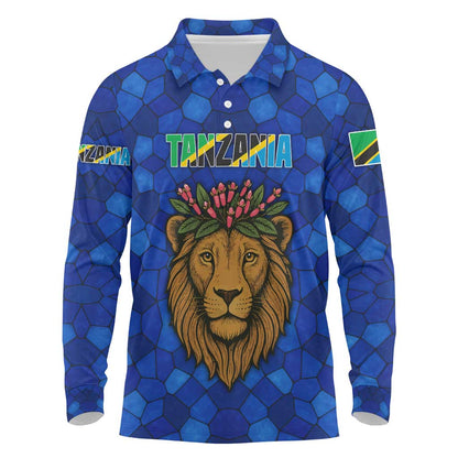 Tanzania Simba Lion Long Sleeve Polo Shirt - Floral Crown and Blue Mosaic Design
