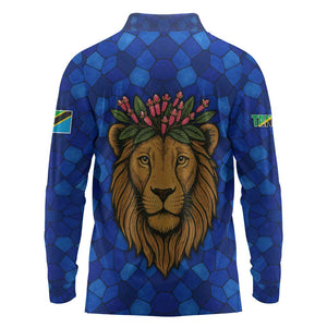 Tanzania Simba Lion Long Sleeve Polo Shirt - Floral Crown and Blue Mosaic Design