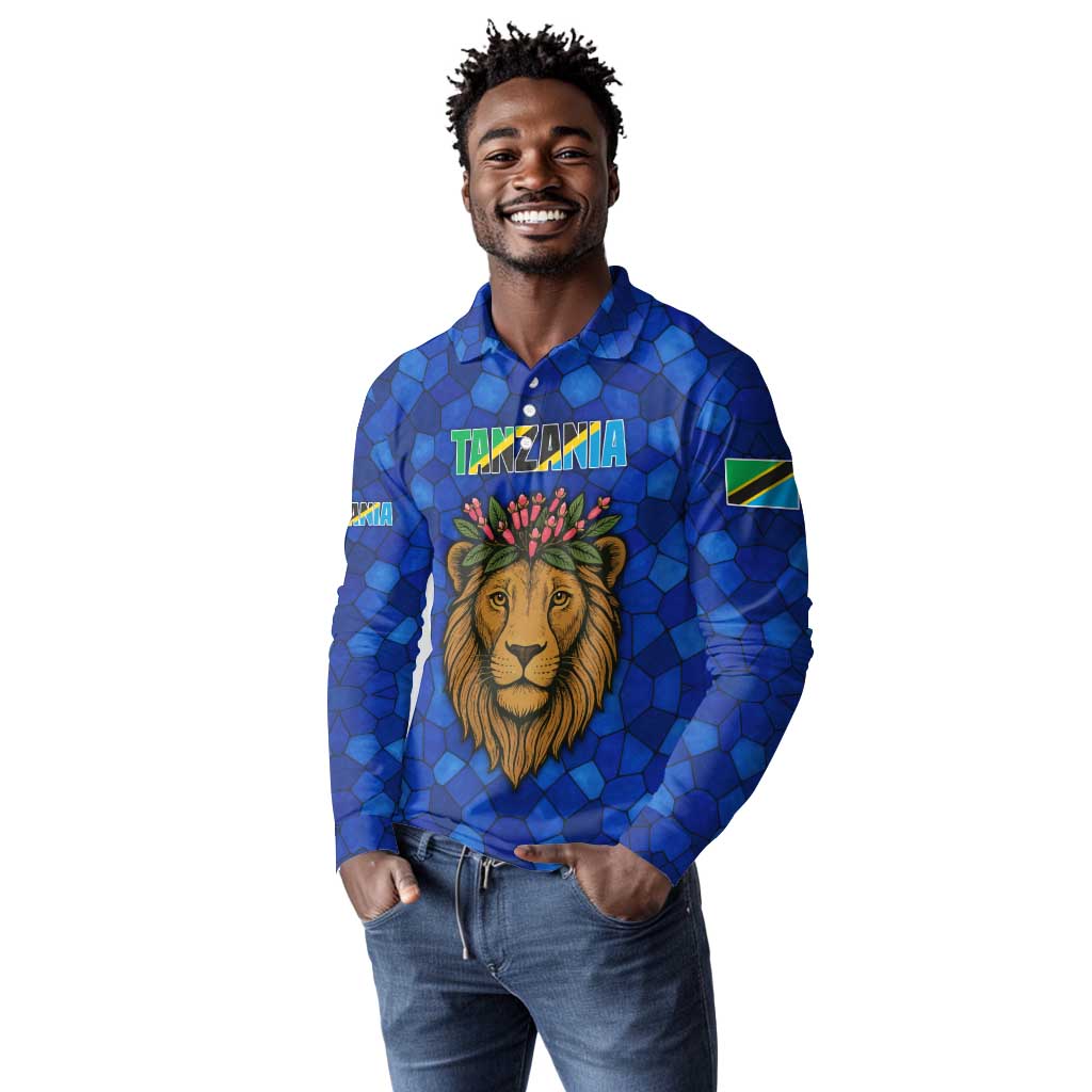 Tanzania Simba Lion Long Sleeve Polo Shirt - Floral Crown and Blue Mosaic Design