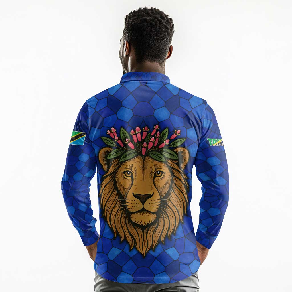 Tanzania Simba Lion Long Sleeve Polo Shirt - Floral Crown and Blue Mosaic Design