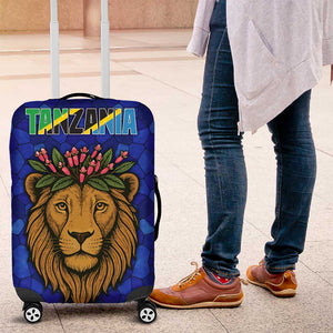 Tanzania Simba Lion Luggage Cover - Floral Crown and Blue Mosaic Design