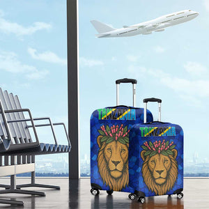 Tanzania Simba Lion Luggage Cover - Floral Crown and Blue Mosaic Design