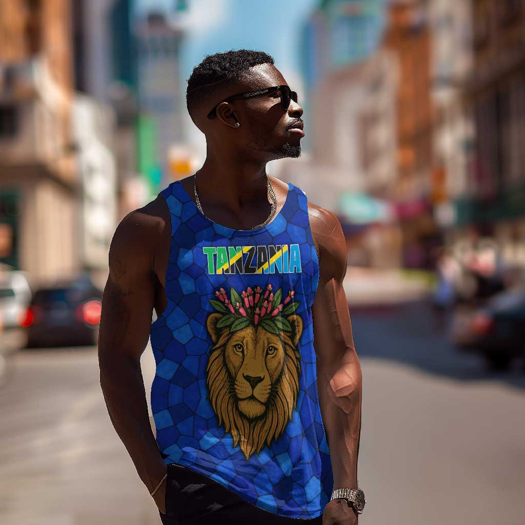 Tanzania Simba Lion Men Tank Top - Floral Crown and Blue Mosaic Design